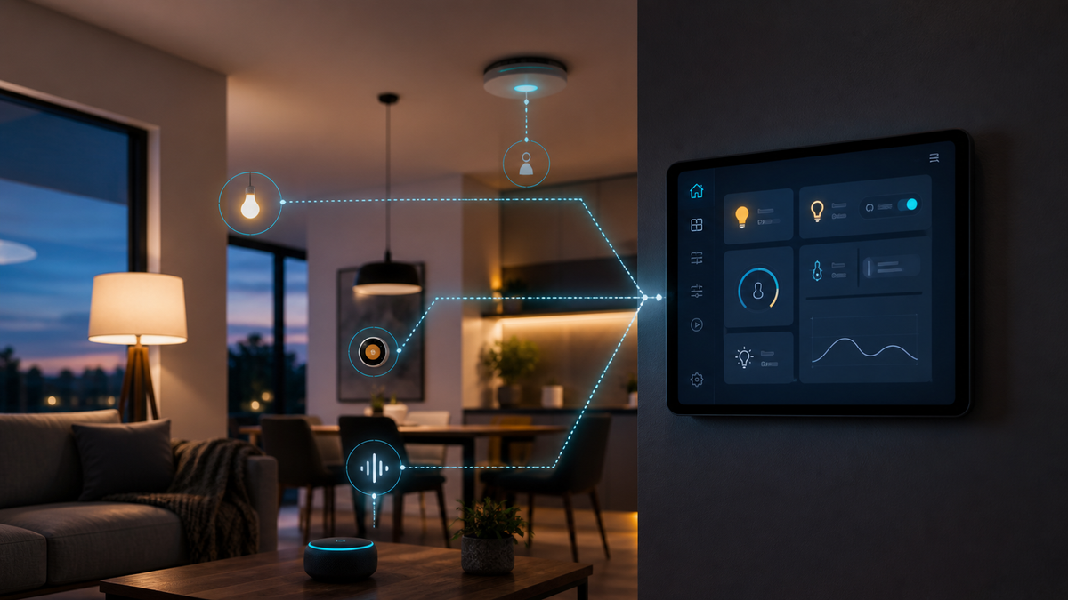 A smart-home dashboard connecting lighting, climate, motion sensing, and voice control in a modern home.