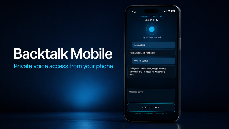 Backtalk Mobile feature graphic with a titled phone mockup showing private voice access