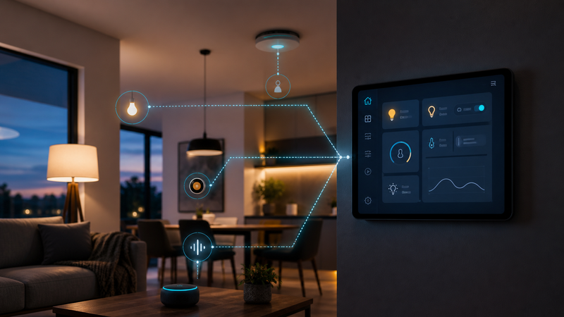 A smart-home dashboard connecting lighting, climate, motion sensing, and voice control in a modern home.